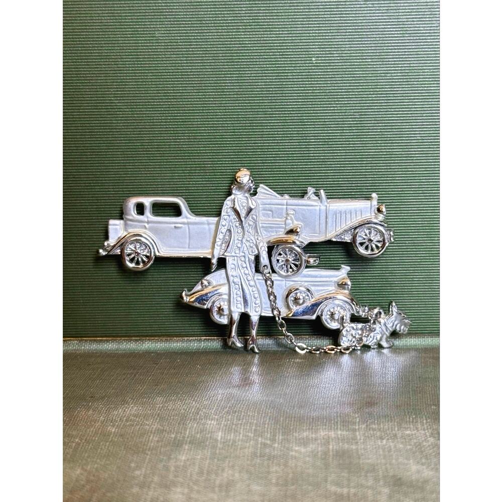 Vintage 1980s Woman Walking Dog Brooch – Real Chain – 3”